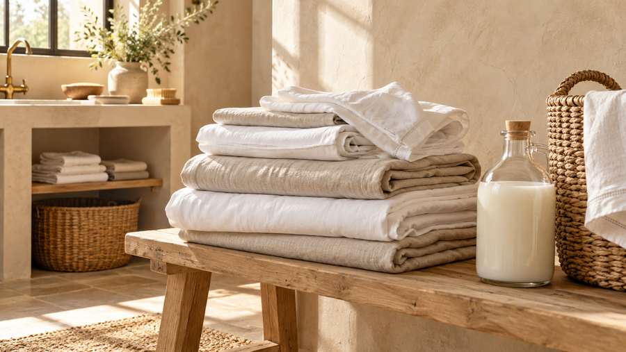 Linge de lit en coton blanc et lin beige fraîchement lavé, plié sur un banc en bois dans une buanderie lumineuse