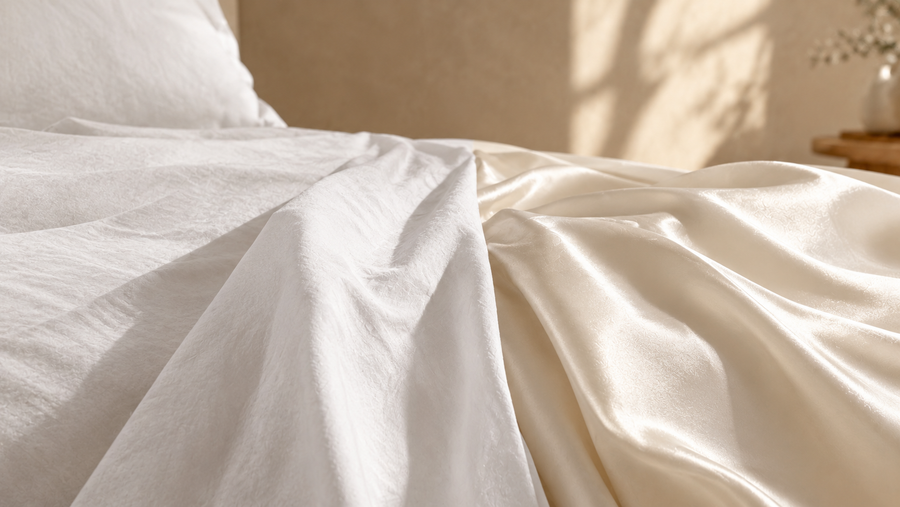 Drap en percale de coton blanc mat et drap en satin de coton ivoire brillant côte à côte sur un lit