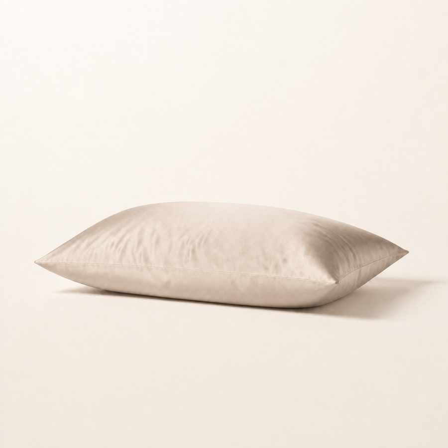 Taie d'oreiller en satin champagne, packshot horizontal sur fond blanc chaud, Noctua Paris