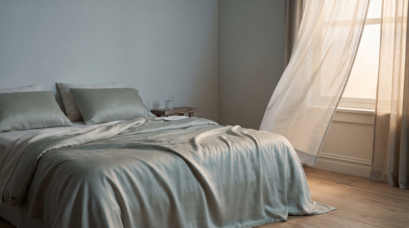 Chambre aérée à l'aube avec parure en Lyocell d'eucalyptus légère pour avoir moins chaud la nuit