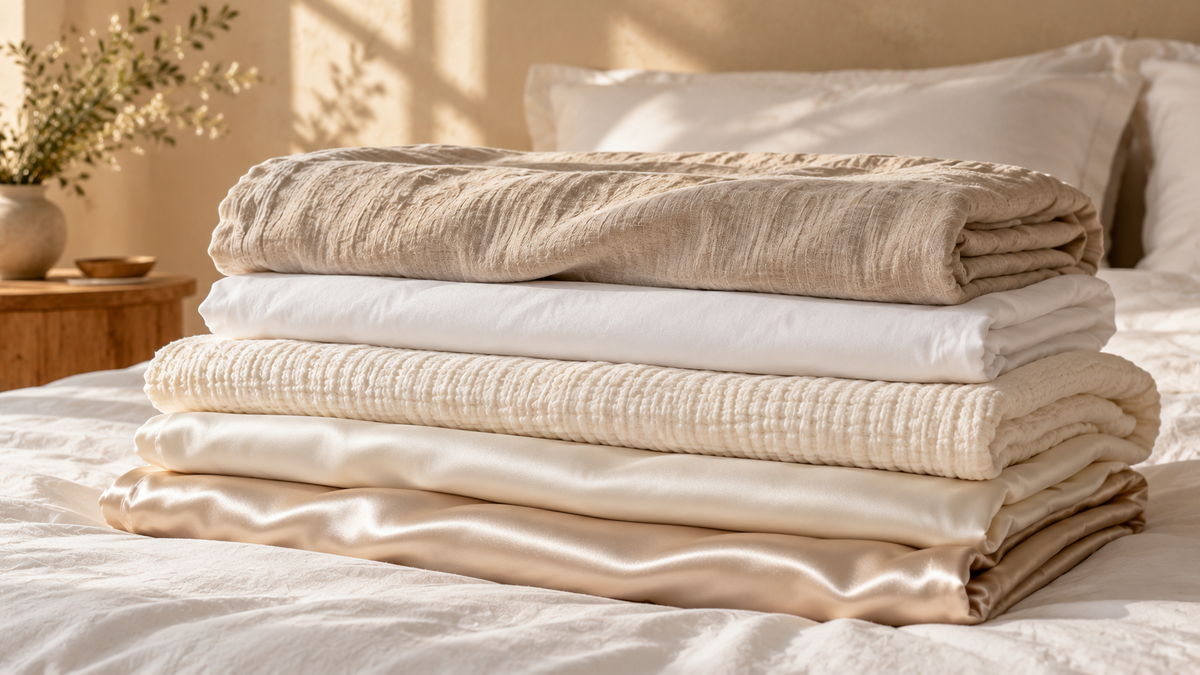 Pile de tissus de linge de lit pour comparer les matières : lin lavé, percale de coton, gaze de coton, satin de coton et soie