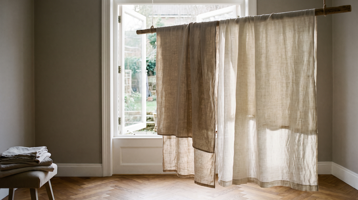 Draps en lin lavé séchant à l'air sur un étendoir en bois près d'une fenêtre