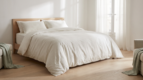 Lit de 180 habillé d'une housse de couette 240x260 en percale de coton lavé blanc cassé