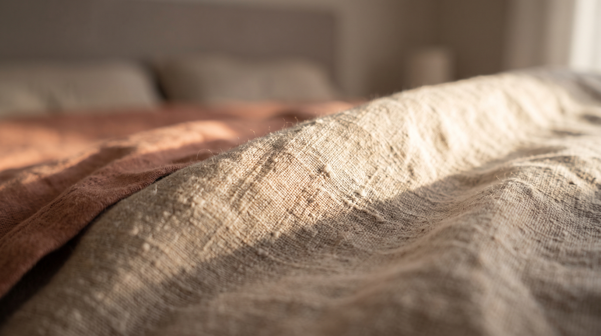 Gros plan sur la trame d'un tissu en lin lavé neuf, fibres et flammes visibles en relief