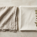 Comparaison côte à côte d'un tissu en lin lavé beige et d'un coton blanc pliés, textures visibles