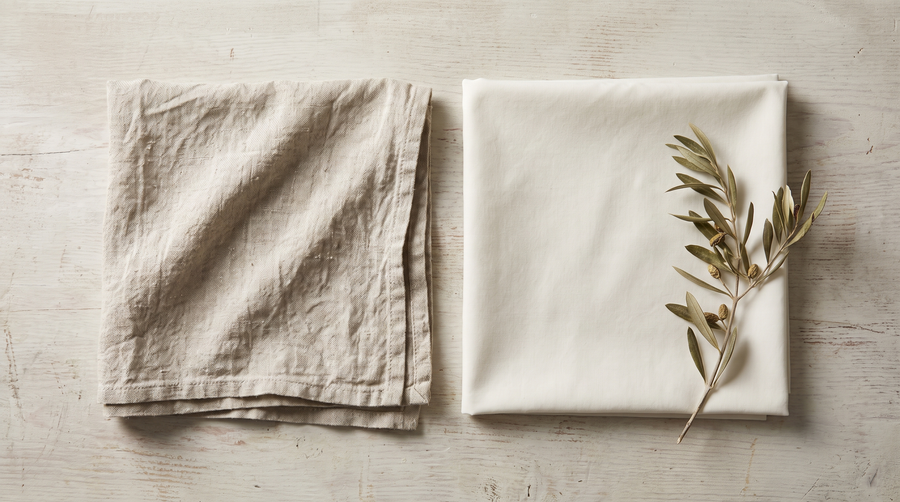Comparaison côte à côte d'un tissu en lin lavé beige et d'un coton blanc pliés, textures visibles