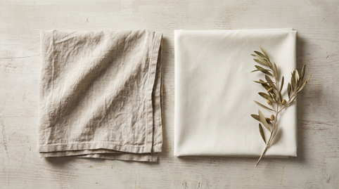 Comparaison côte à côte d'un tissu en lin lavé beige et d'un coton blanc pliés, textures visibles