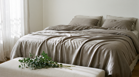 Housse de couette en Lyocell d'eucalyptus au tombé satiné sur un lit dans une chambre lumineuse