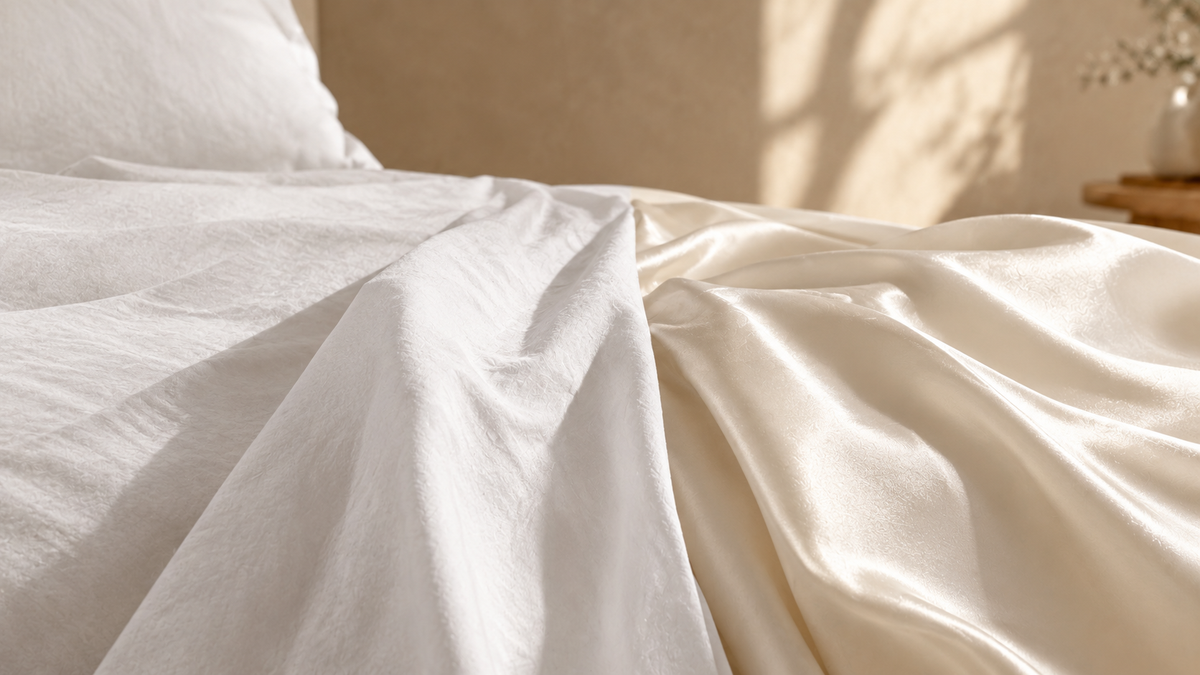 Drap en percale de coton blanc mat et drap en satin de coton ivoire brillant côte à côte sur un lit