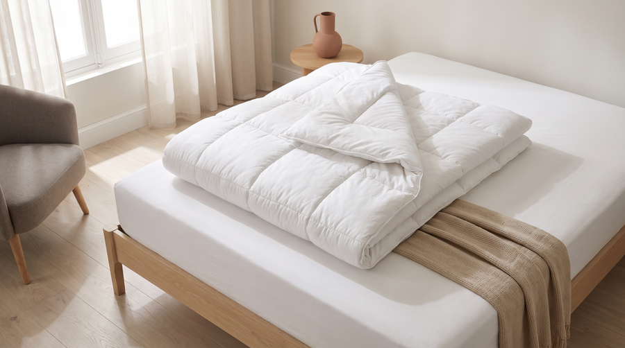 Couette blanche repliée sur un lit, montrant son gonflant, dans une chambre à la lumière douce