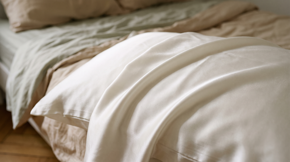 Taie d'oreiller en soie de mûrier 22 momme sur un lit, reflets doux de la lumière du matin