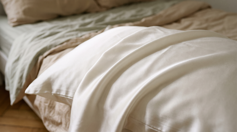 Taie d'oreiller en soie de mûrier 22 momme sur un lit, reflets doux de la lumière du matin