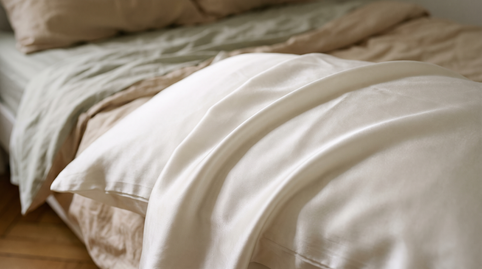 Taie d'oreiller en soie de mûrier 22 momme sur un lit, reflets doux de la lumière du matin