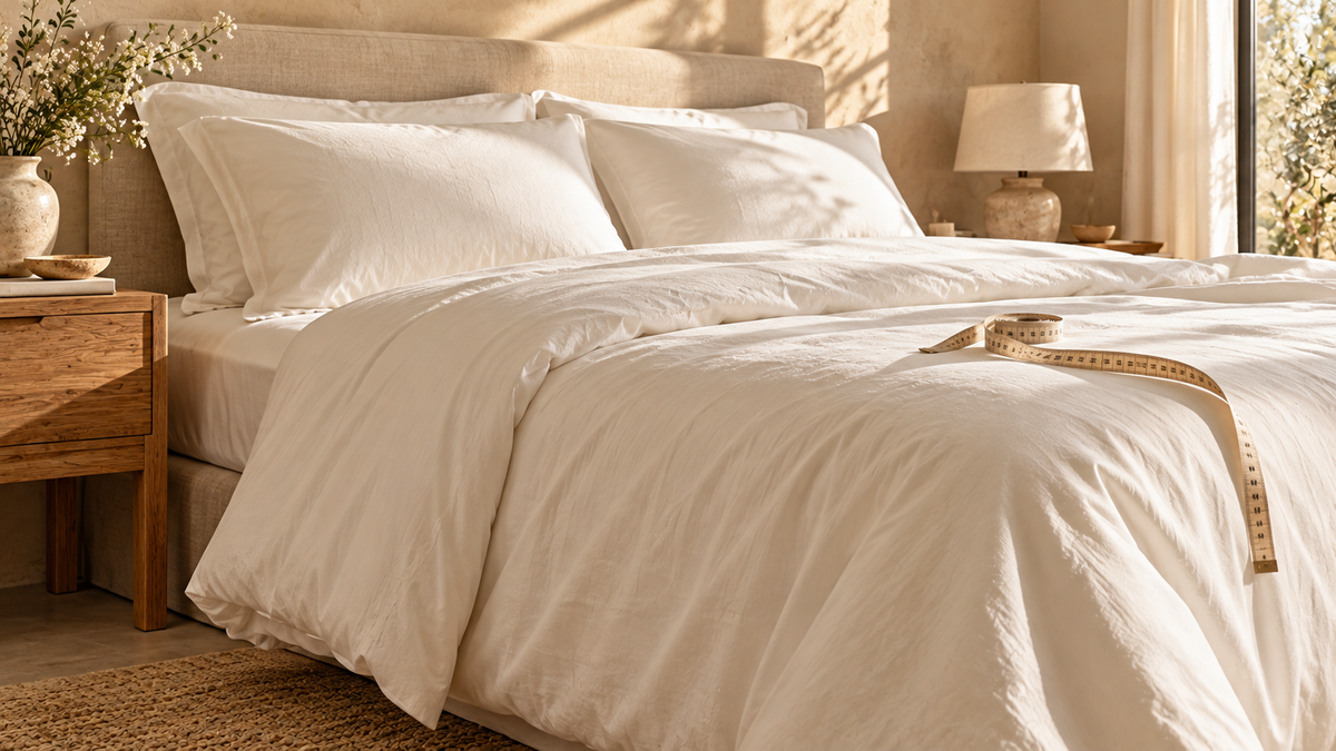 Lit double habillé d'une housse de couette en coton blanc cassé bien ajustée, un mètre ruban posé sur la couette