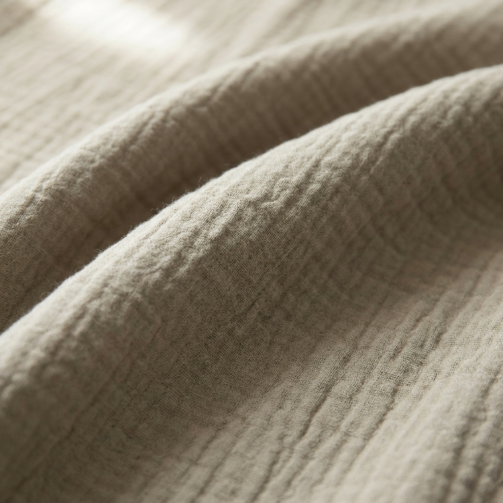 Gros plan macro sur la gaze de coton Noctua Paris, texture froissée aérienne