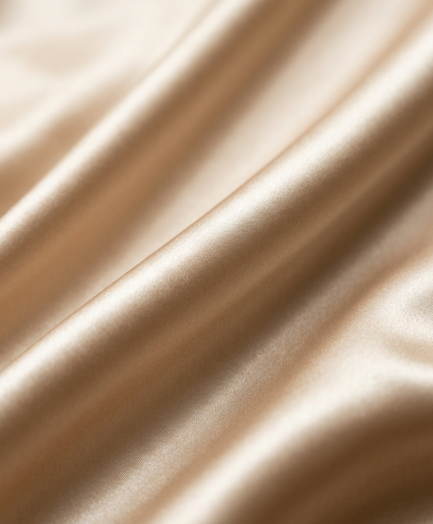 Gros plan macro sur la soie de mûrier et le satin Noctua Paris, brillance fluide