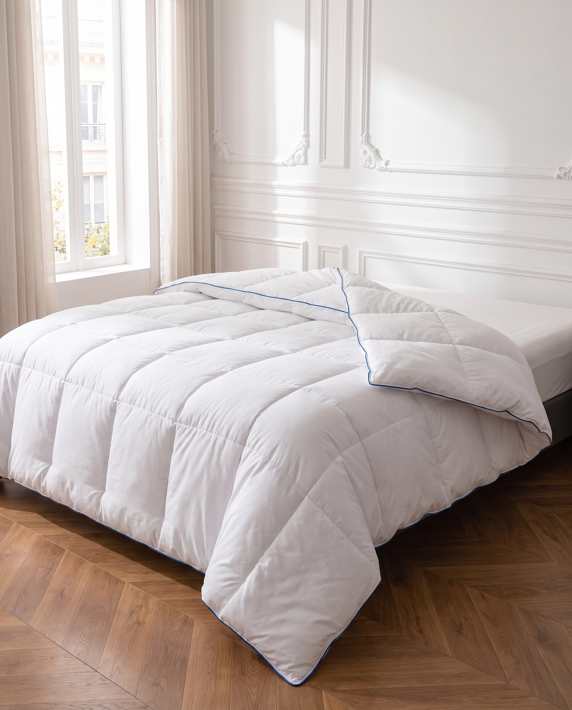 Couette Hôtel 4 Saisons avec passepoil sur un lit, chambre haussmannienne, Noctua Paris