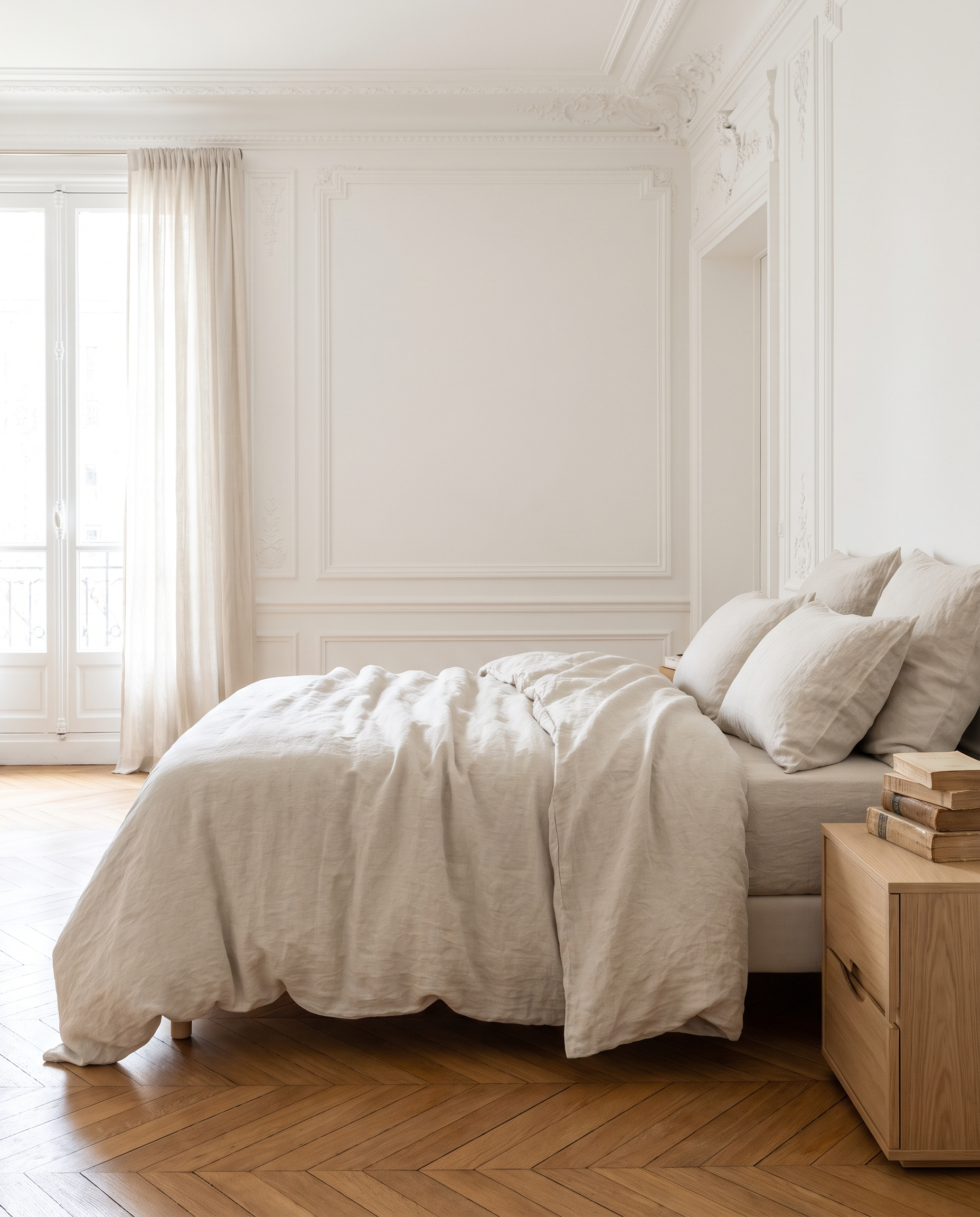 Housse de couette en lin lavé sur un lit, chambre haussmannienne lumineuse, Noctua Paris