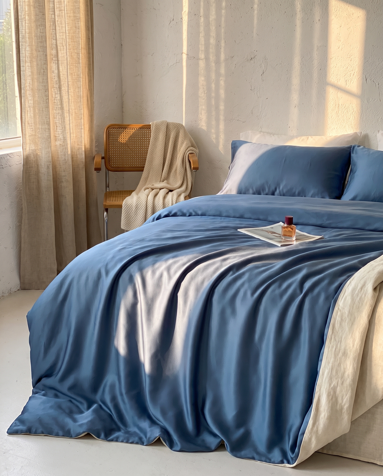 Housse de couette en lyocell d'eucalyptus bleue sur un lit, lumière dorée, Noctua Paris