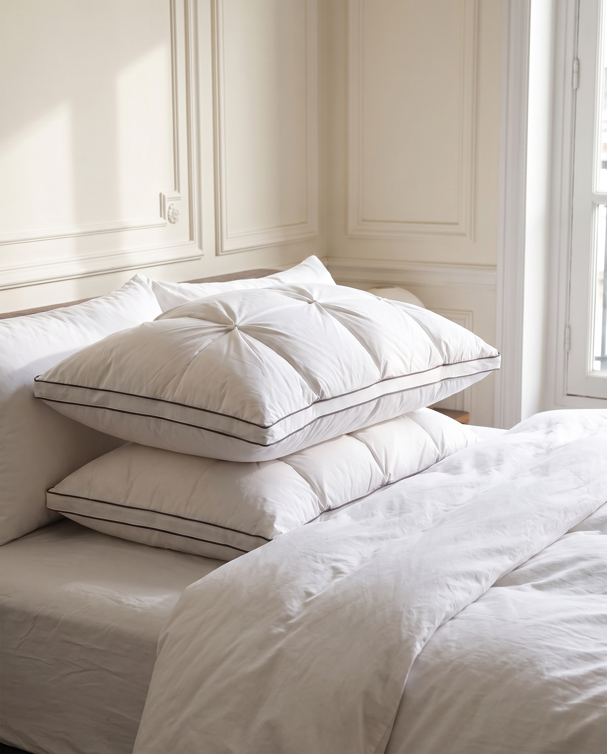 Oreillers plumes et duvet d'oie blancs avec passepoil empilés sur un lit, Noctua Paris