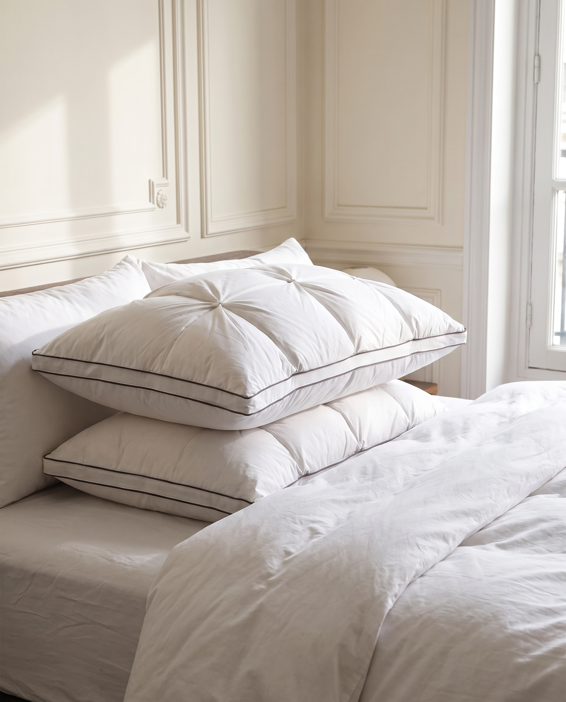 Oreillers plumes et duvet d'oie blancs avec passepoil empilés sur un lit, Noctua Paris
