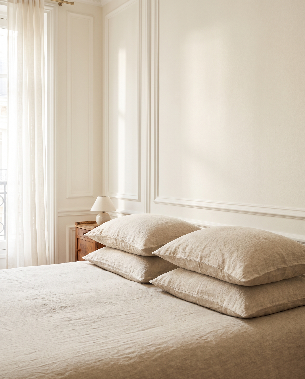 Taies d'oreiller en lin lavé sur un lit, chambre lumineuse, Noctua Paris