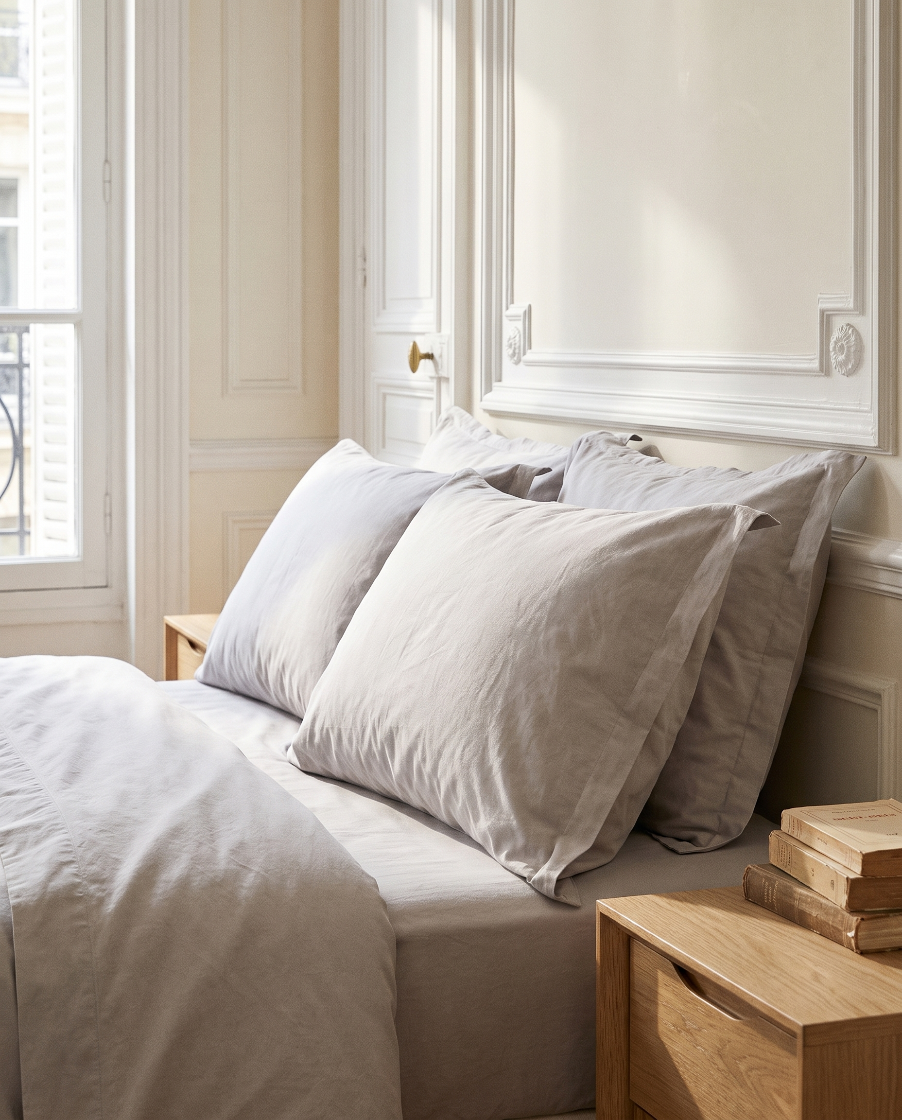 Taies d'oreiller en coton doux sur un lit, chambre lumineuse, Noctua Paris