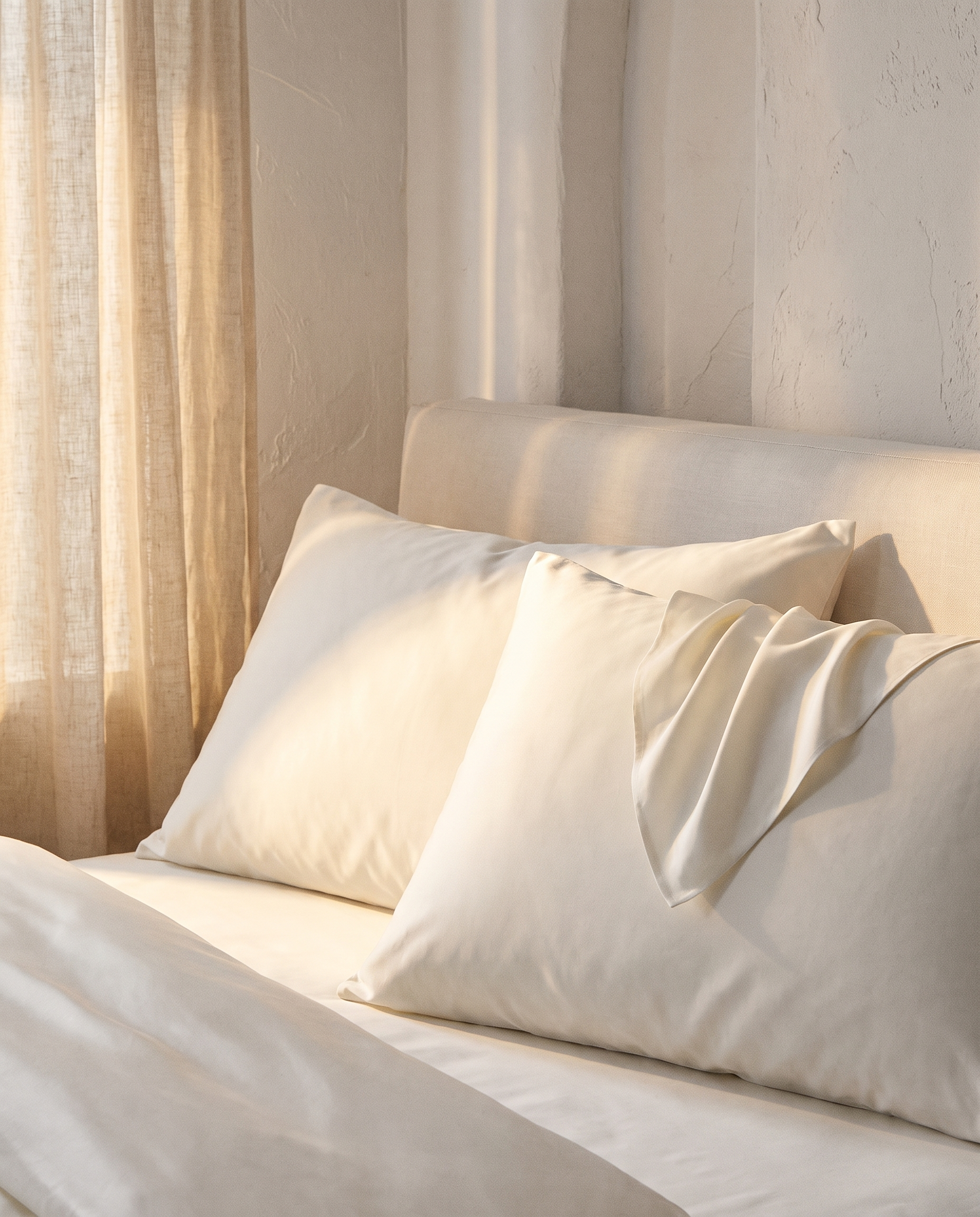Taies d'oreiller en coton égyptien sateen sur un lit, lumière du soir, Noctua Paris