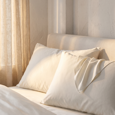 Taies d'oreiller en coton égyptien sateen sur un lit, lumière du soir, Noctua Paris