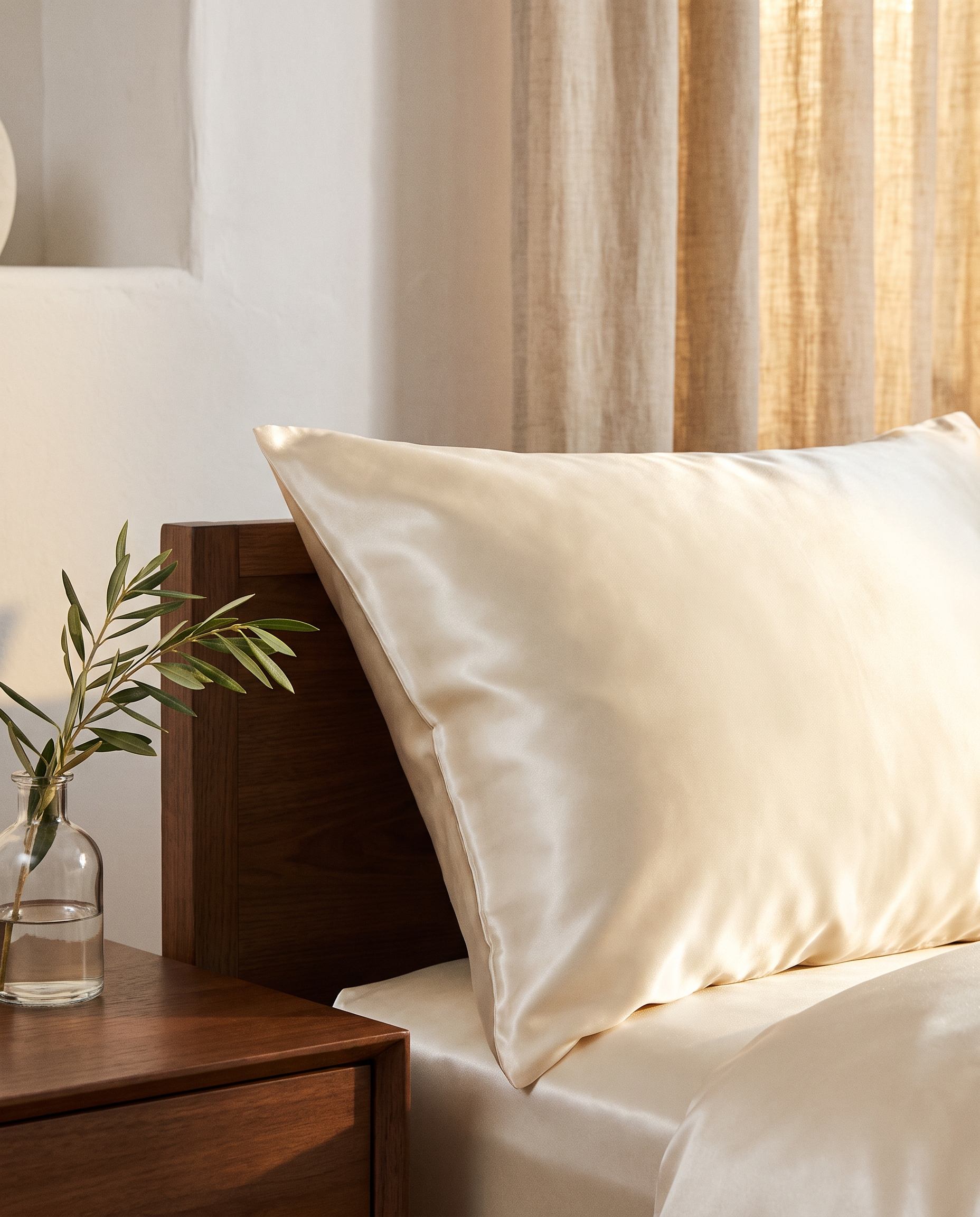Taie d'oreiller en satin sur un oreiller, lumière dorée, Noctua Paris