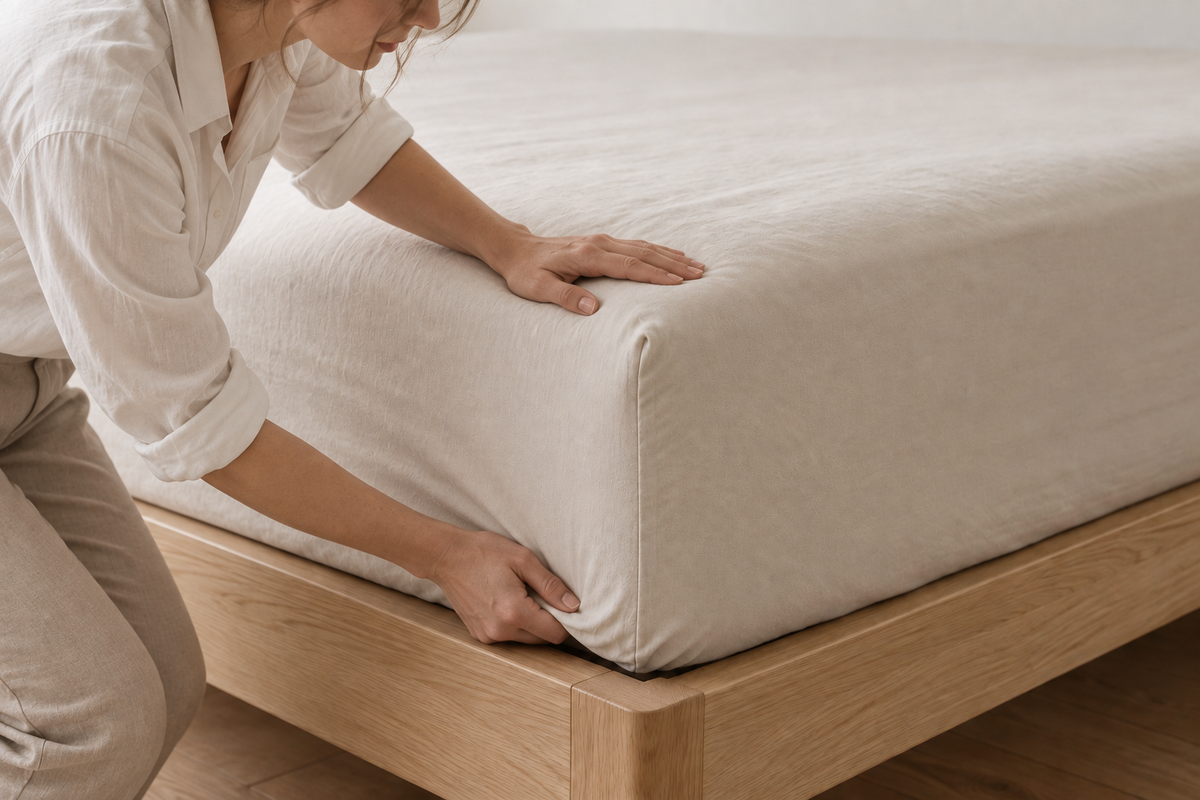 Geste du quotidien : une femme ajuste le coin d’un drap-housse beige — Noctua Paris
