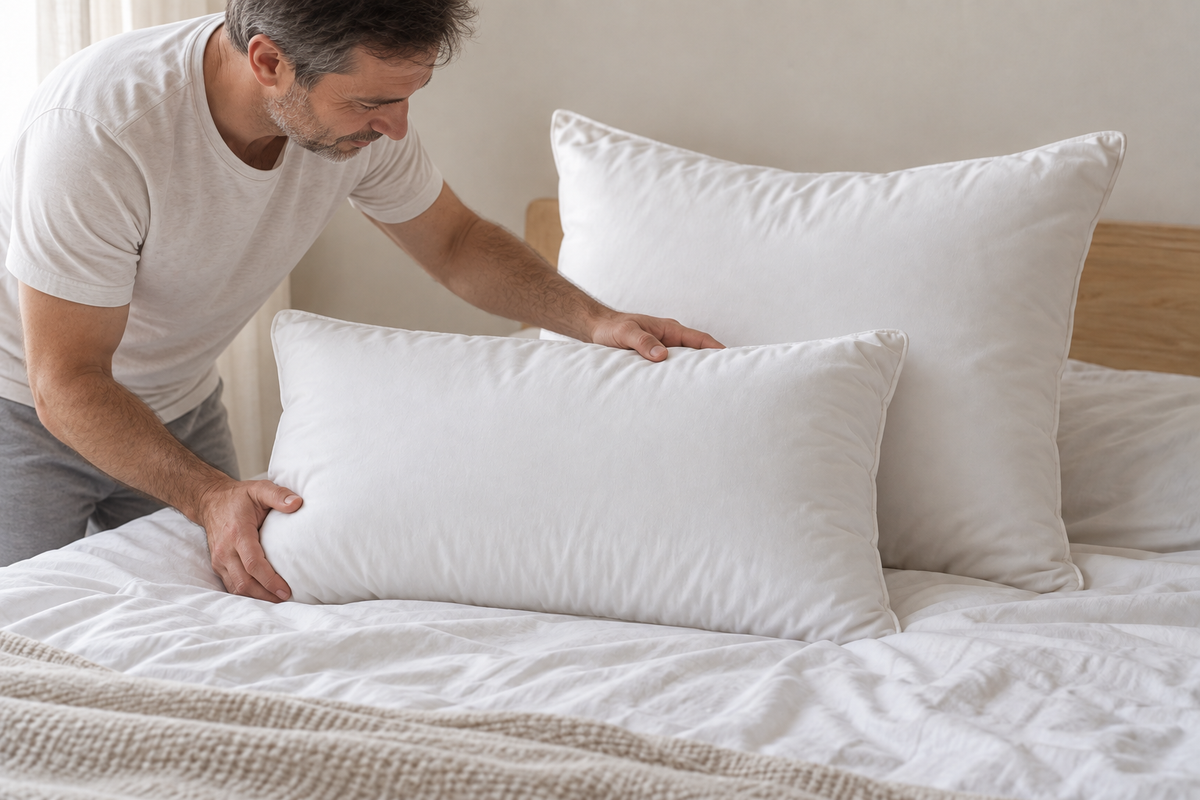 Un homme installe des oreillers blancs sur un lit — Noctua Paris
