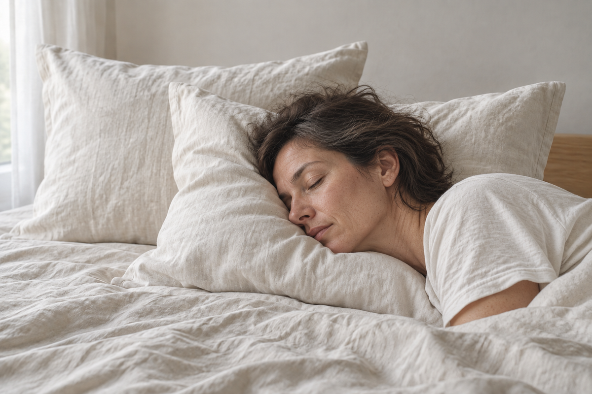 Une femme repose sur une taie d’oreiller claire au toucher naturel — Noctua Paris