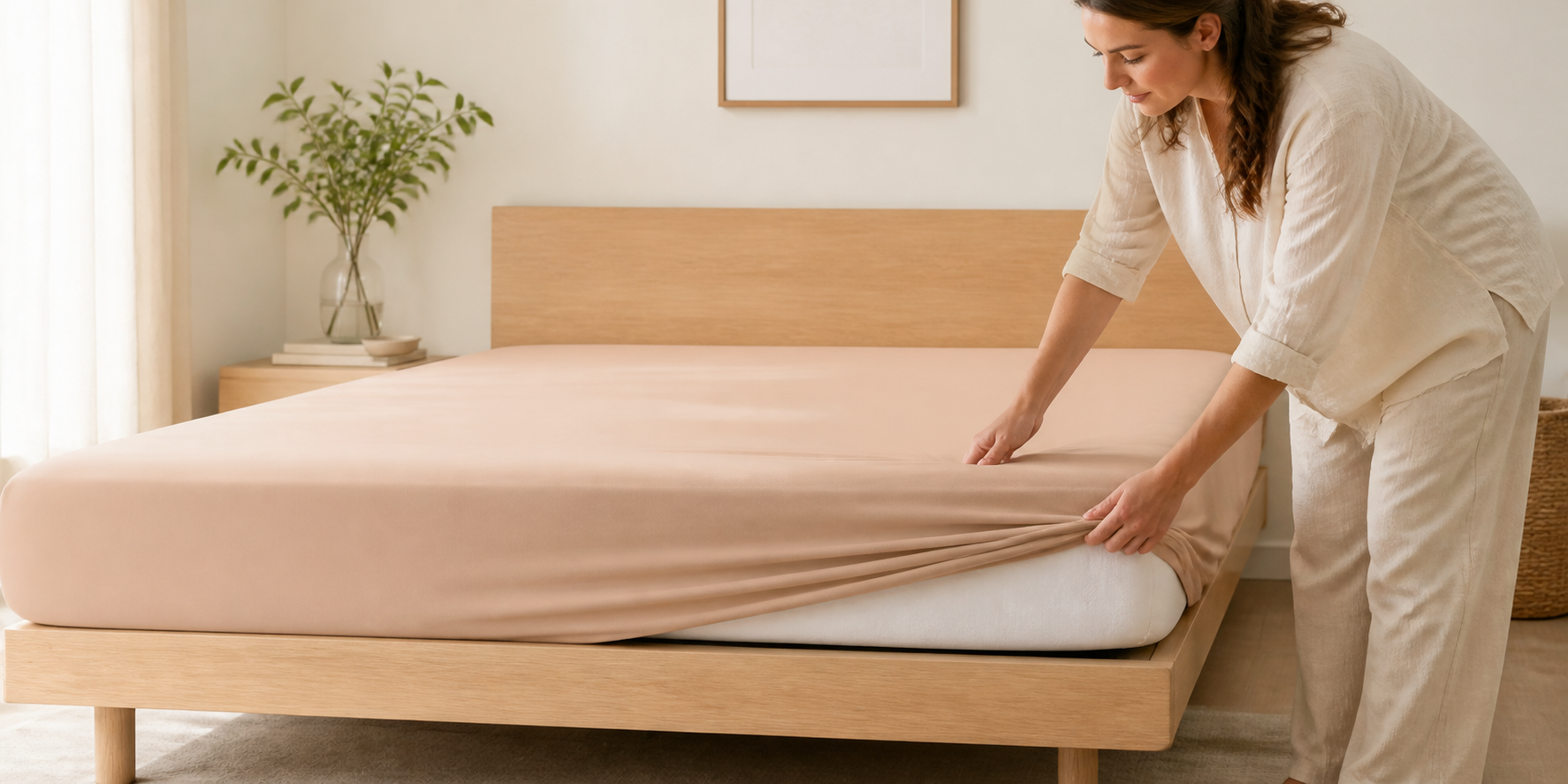Femme installant un drap-housse en coton égyptien Noctua Paris