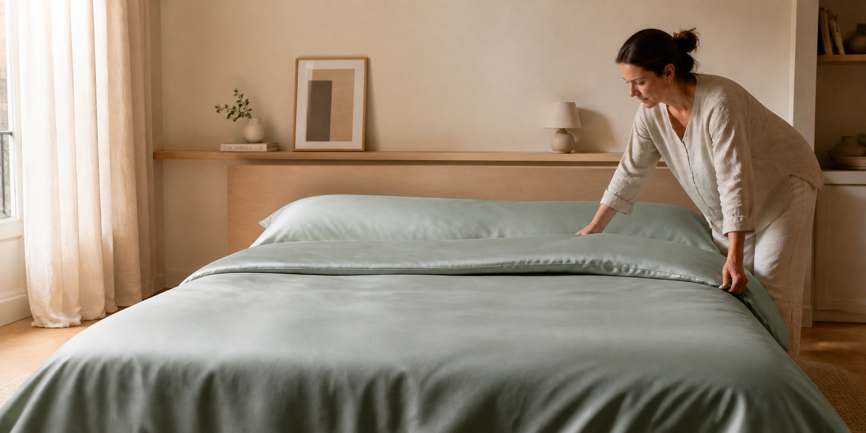 Femme faisant un lit avec une housse de couette en Lyocell vert sauge Noctua Paris