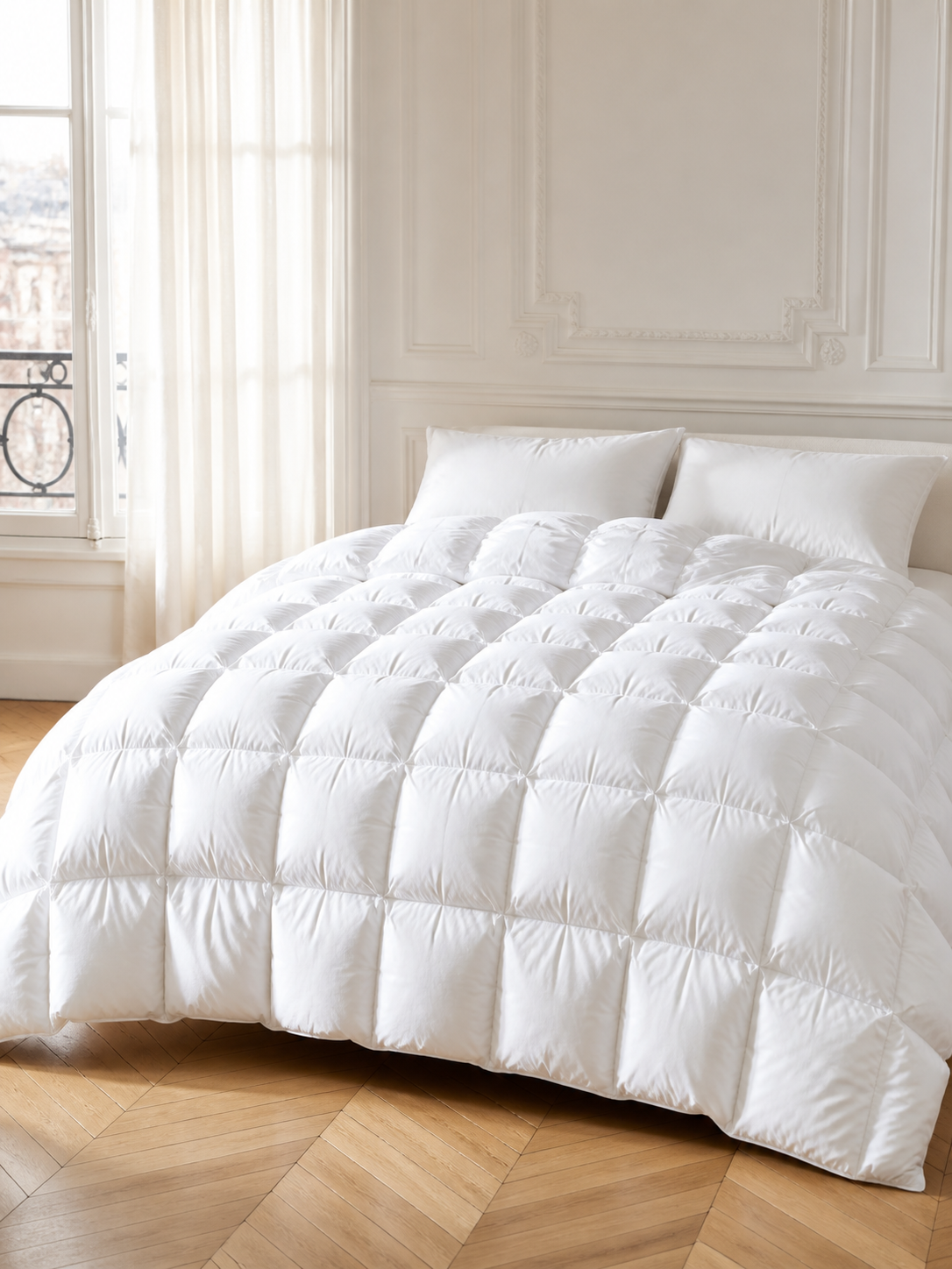 Couette Noctua Edition blanche à carreaux matelassés pincés dans une chambre parisienne lumineuse