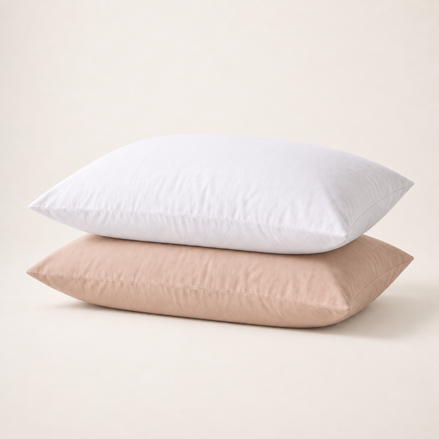 Duo de taies en coton doux, blanc et beige sable, présentées sur oreillers non inclus — Noctua Paris