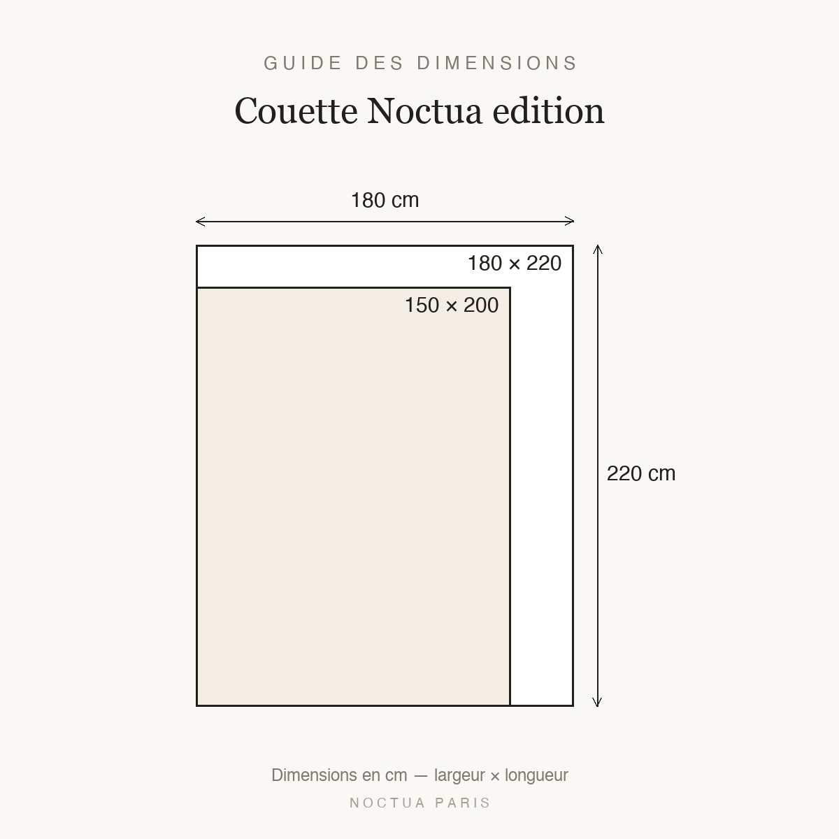 Guide des dimensions couette Noctua edition, tailles 150x200 et 180x220 cm