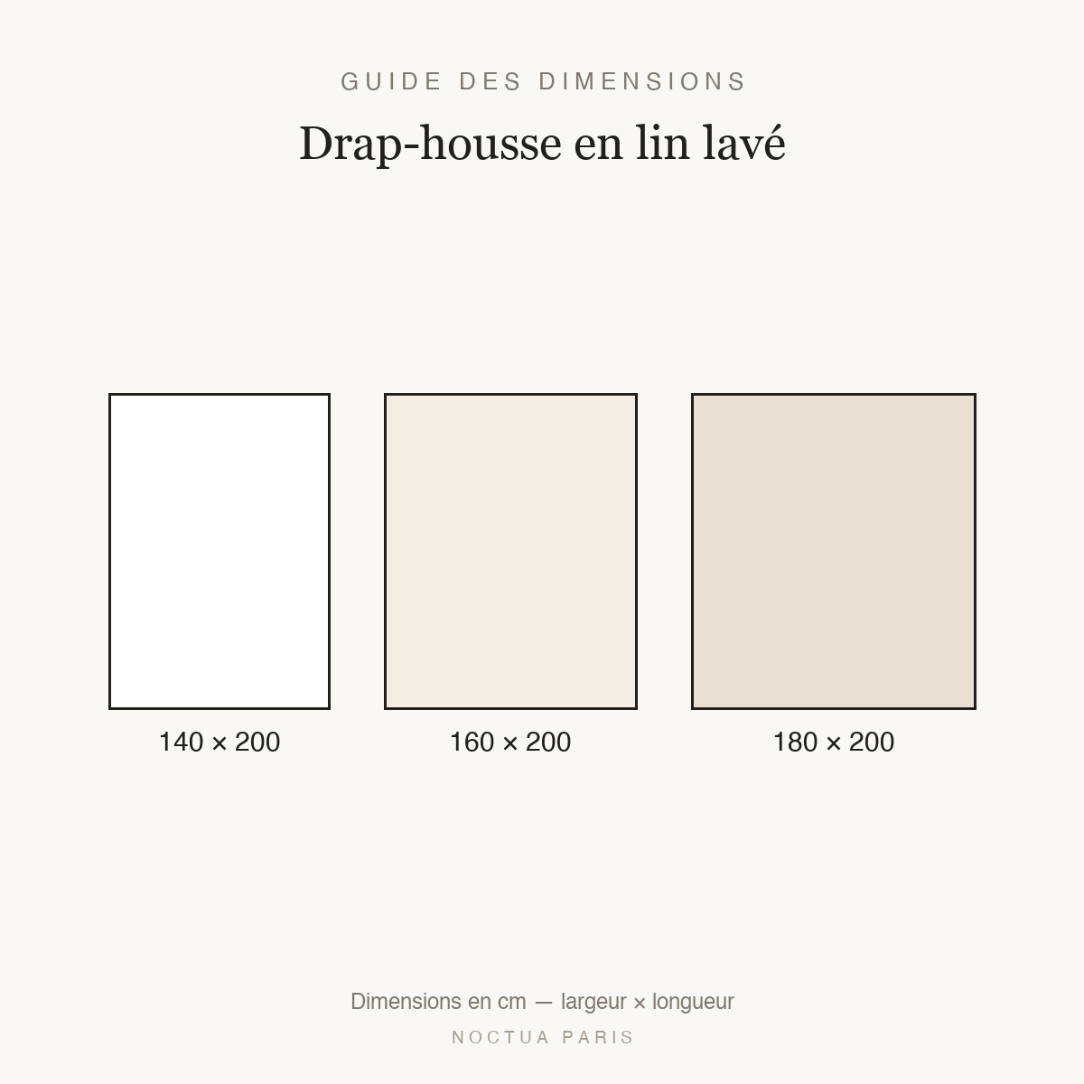 Guide des dimensions drap-housse en lin lavé Noctua Paris, tailles 140x200, 160x200 et 180x200 cm