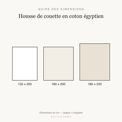 Guide des dimensions housse de couette en coton égyptien Noctua Paris, tailles 150x200, 180x200 et 180x220 cm