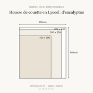 Guide des dimensions housse de couette en Lyocell d'eucalyptus Noctua Paris, tailles 150x200, 200x230 et 220x240 cm