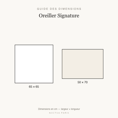Guide des dimensions oreiller Signature Noctua Paris, tailles 65x65 et 50x70 cm