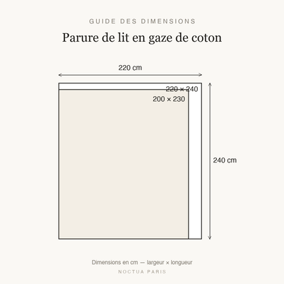 Guide des dimensions parure de lit en gaze de coton Noctua Paris, tailles 200x230 et 220x240 cm