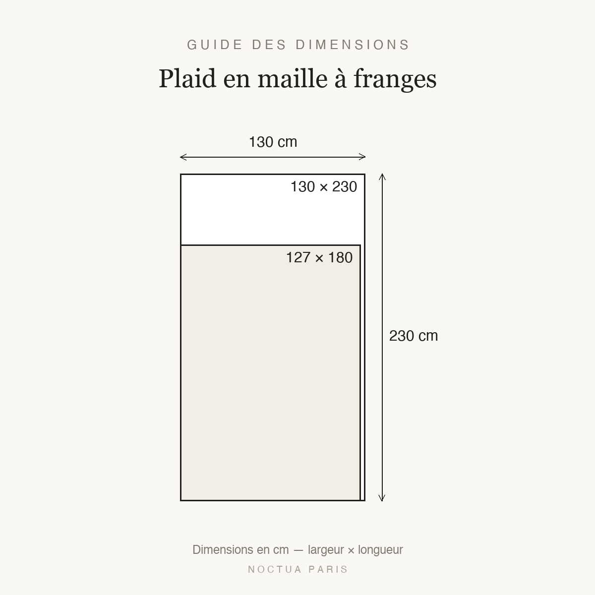Guide des dimensions plaid en maille à franges Noctua Paris, tailles 127x180 et 130x230 cm
