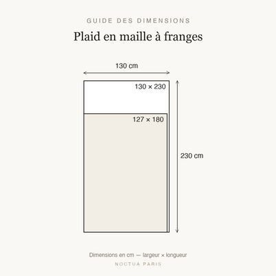 Guide des dimensions plaid en maille à franges Noctua Paris, tailles 127x180 et 130x230 cm