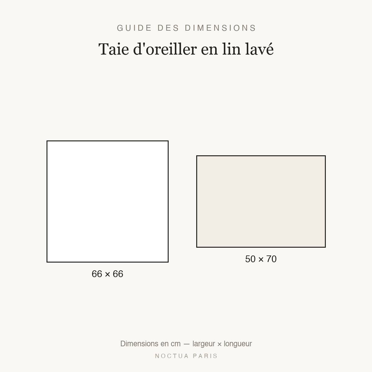 Guide des dimensions taie d'oreiller en lin lavé Noctua Paris, tailles 66x66 et 50x70 cm