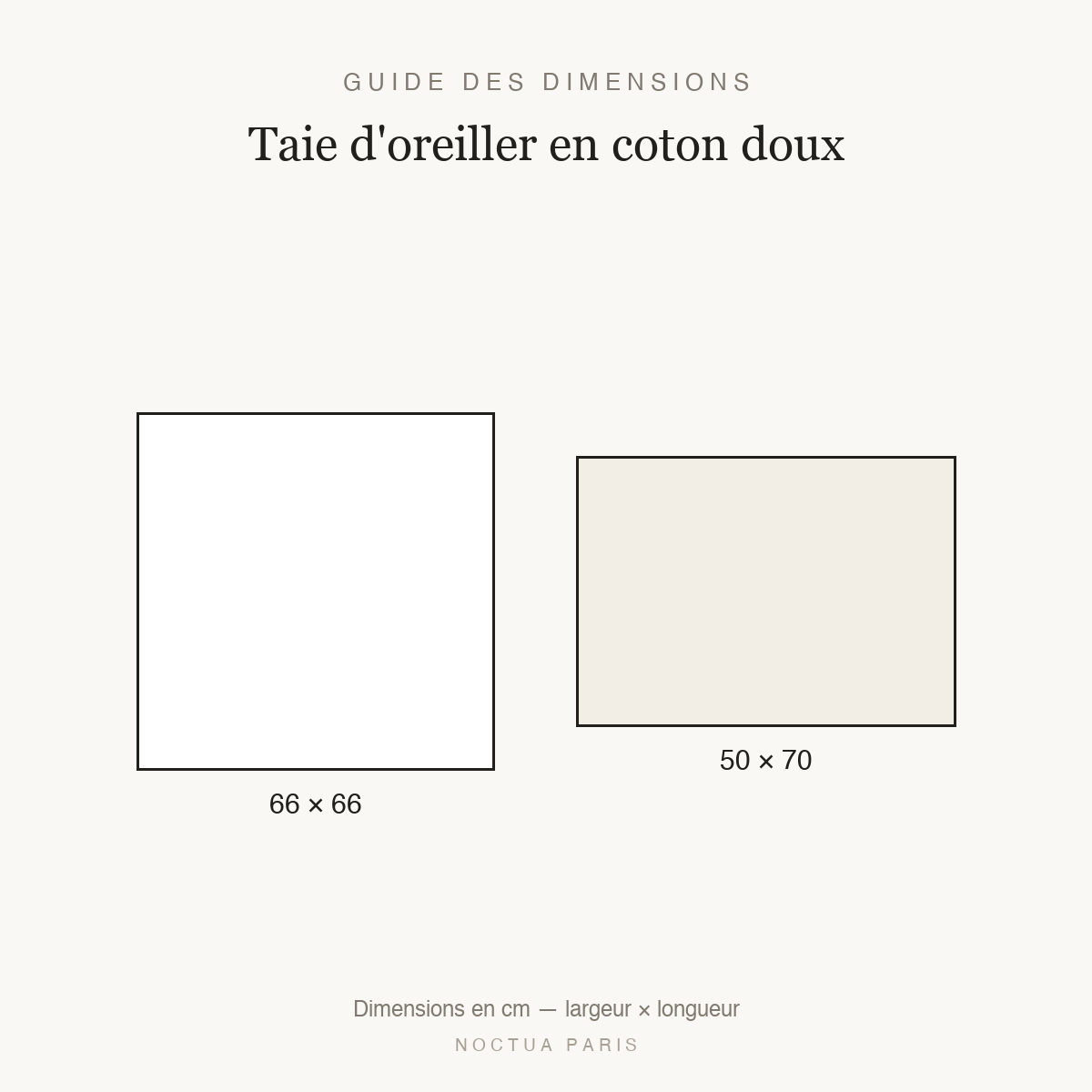 Guide des dimensions taie d'oreiller en coton doux Noctua Paris, tailles 66x66 et 50x70 cm