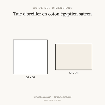 Guide des dimensions taie d'oreiller en coton égyptien sateen Noctua Paris, tailles 66x66 et 50x70 cm
