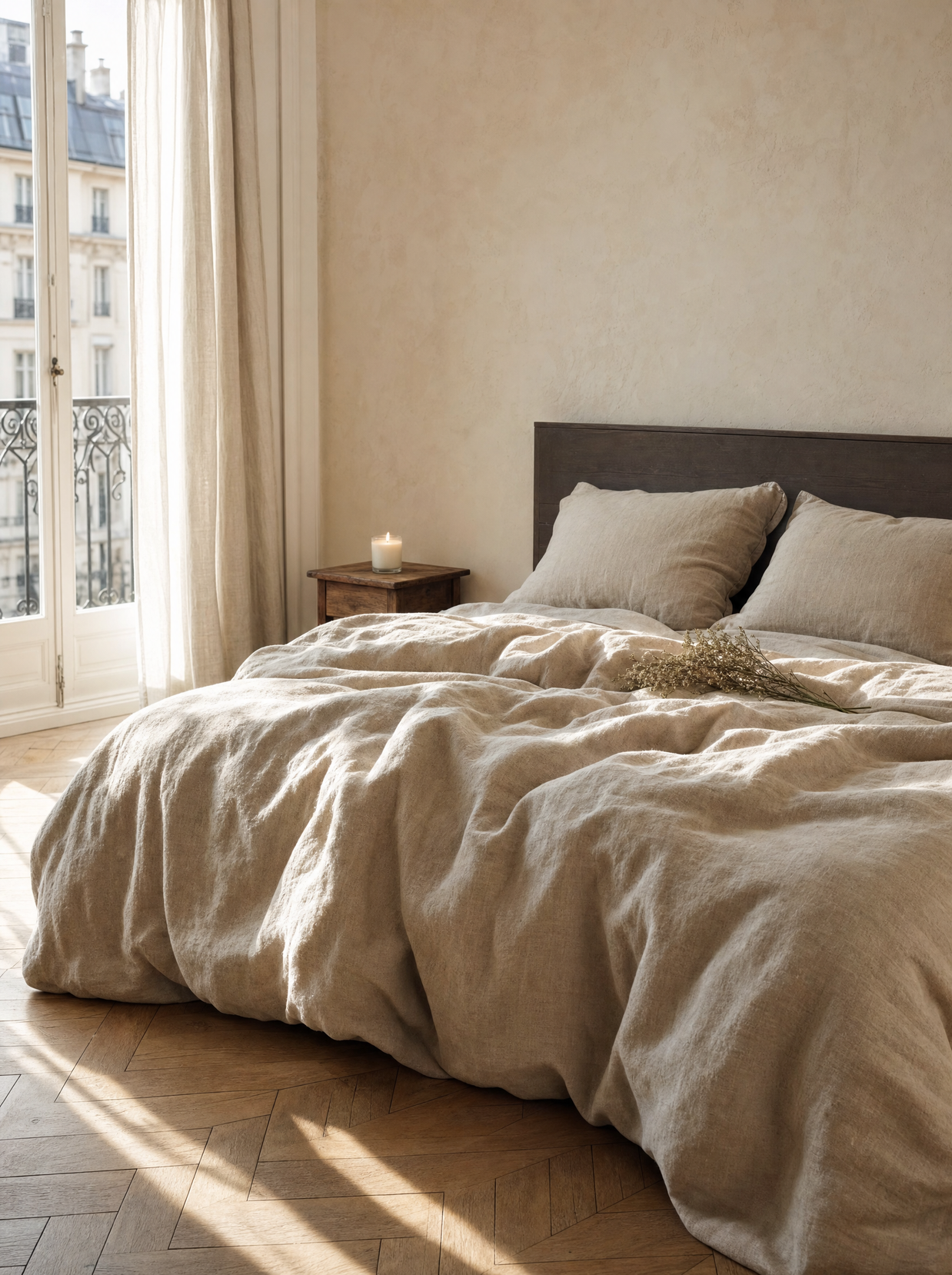 Parure de lit en lin lavé naturel Noctua Paris sur un lit dans une chambre parisienne, lumière du matin
