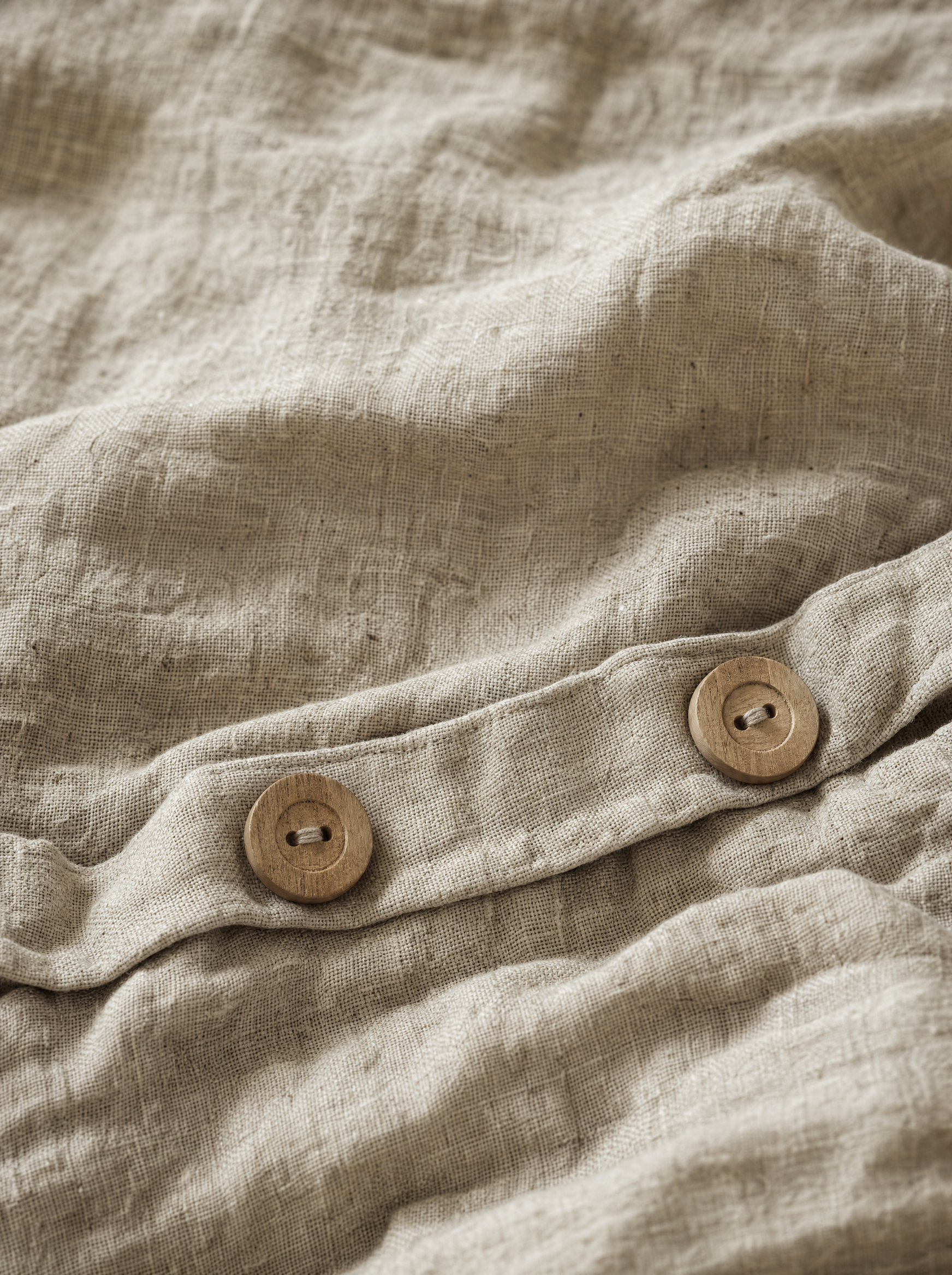 Gros plan sur le tissage irrégulier du lin lavé Noctua Paris et les boutons en bois naturel